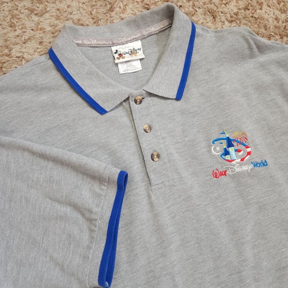 Walt Disney World Polo Shirt Mens Large Grey Blue Castle Embroidered Vintage